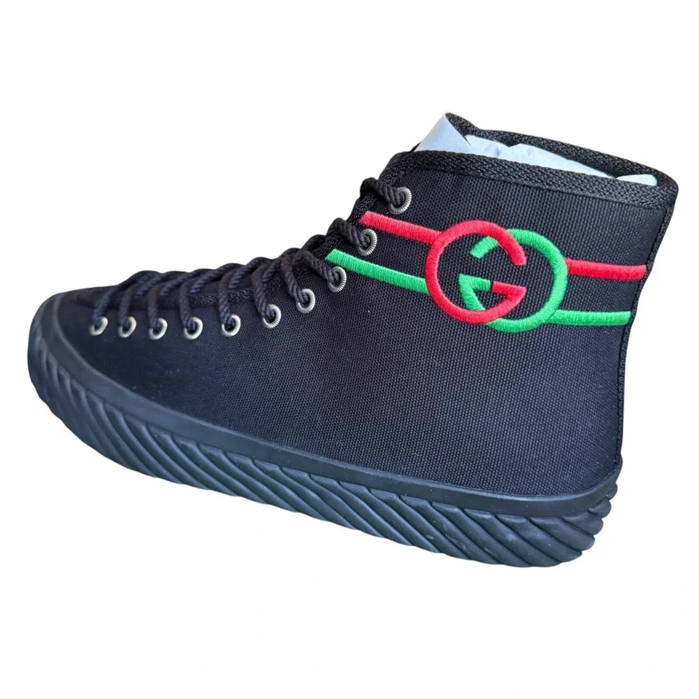 Gucci 703033 Mens Interlocking G High Black‎ Canvas Sneakers Sizd G 7.5
